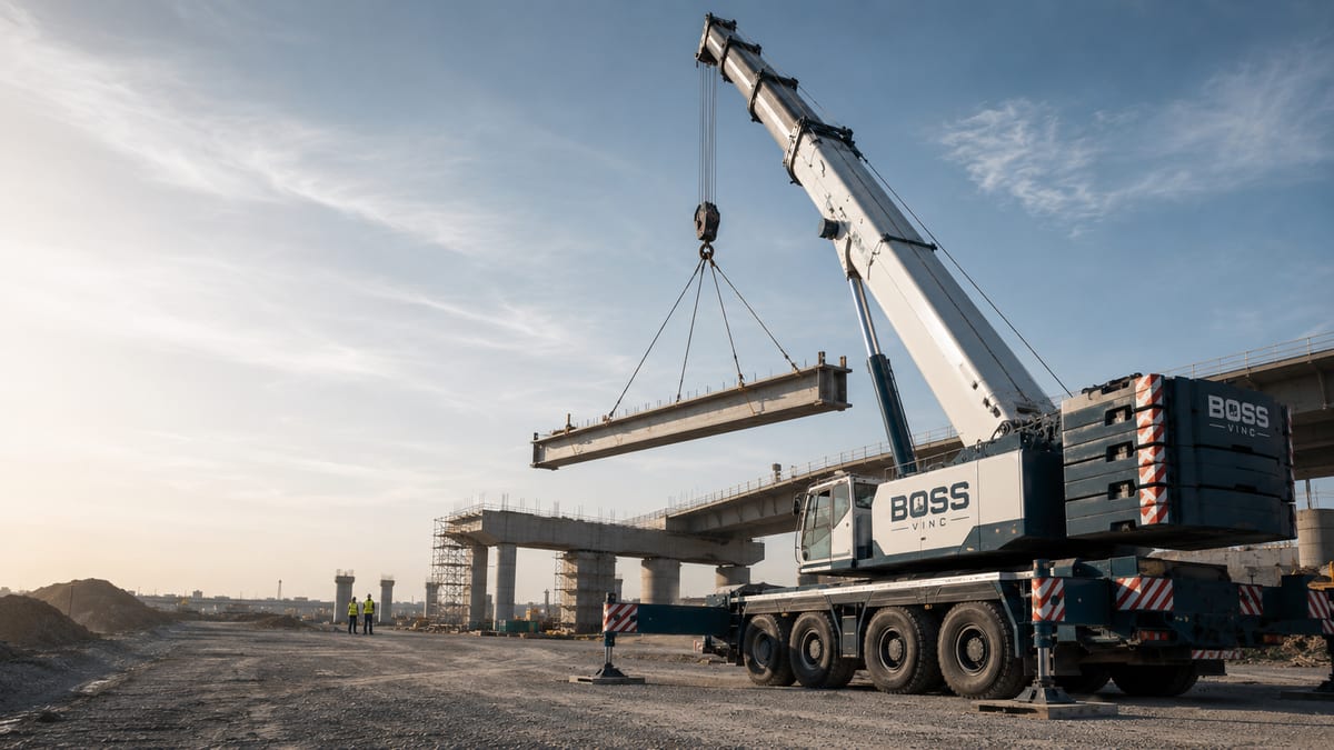 Viyadük şantiyesinde mobil vinç, sapanlarla askıya alınmış prekast beton kirişi yerine indiriyor