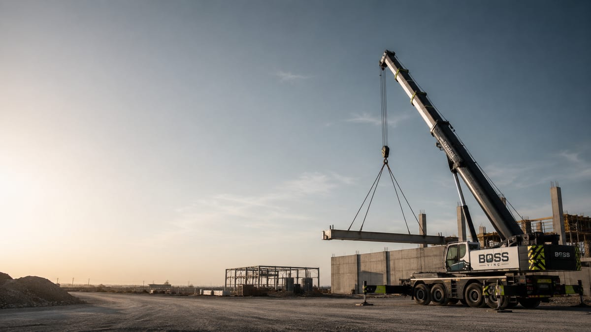 Gün batımında mobil vinç, askıdaki beton kirişle şantiyede